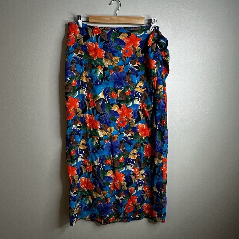 Vintage Express Skirt Womens Sz 9 Silk Blue Multicolor Floral Wrap Maxi Y2K 90s - Picture 3 of 12